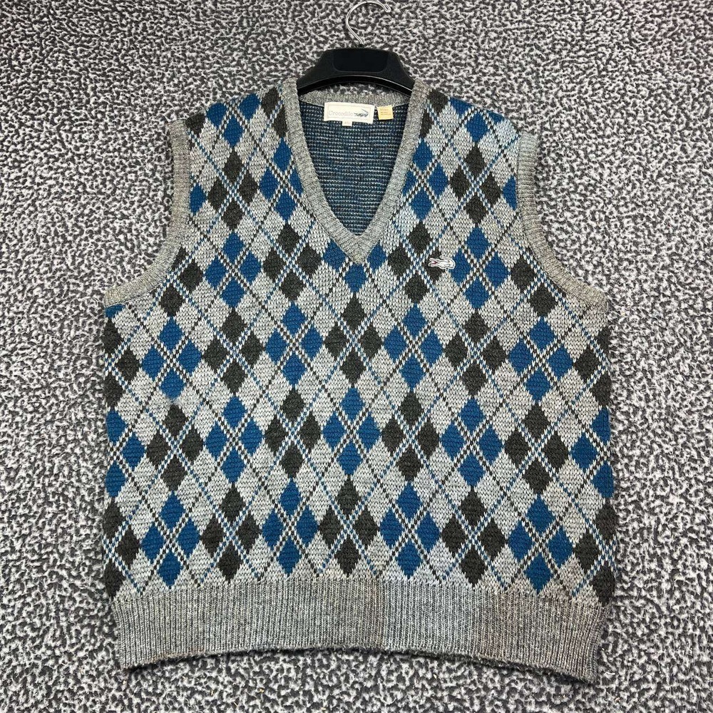 Vintage Crocodile Sweater Vest Men XL Gray Blue Argyle Wool Blend V-Neck